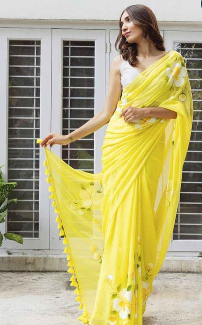 Lemon Bloom Handpainted Floral Saree with Tassel Border - Yooneck