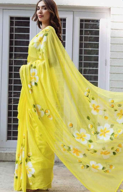 Lemon Bloom Handpainted Floral Saree with Tassel Border - Yooneck