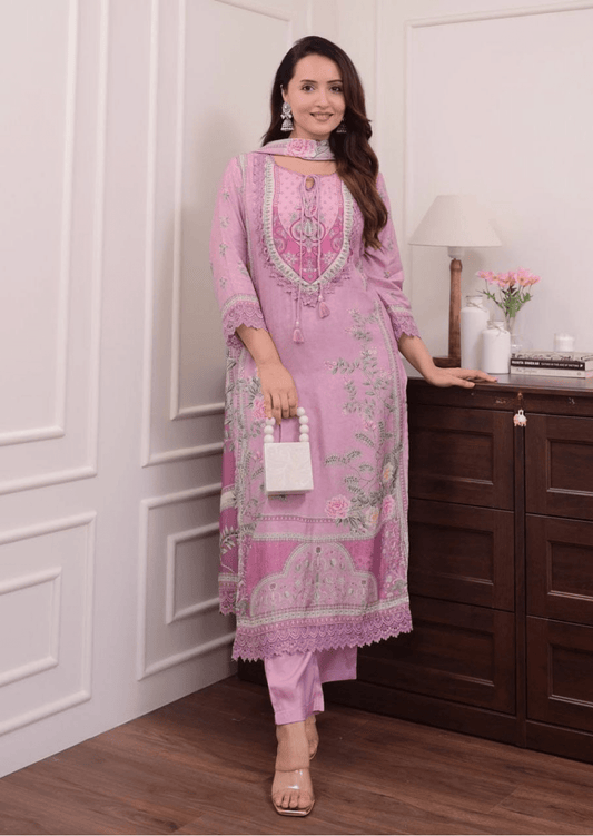 Lilac Muslin Digital Print Hand - Embroidered Pakistani Suit Set - Yooneck