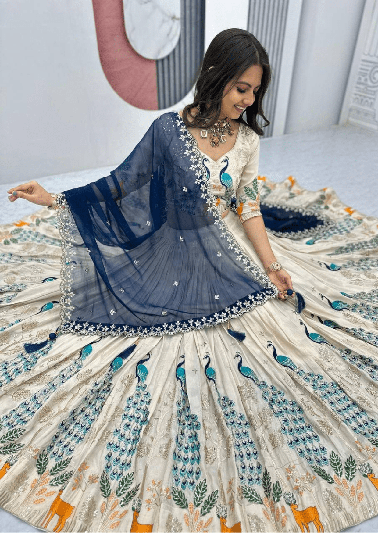 Maharani Vivaan Peacock Tissue Silk Lehenga Set - Yooneck