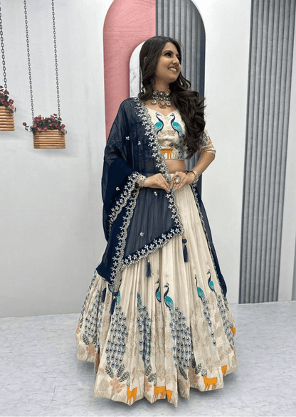 Maharani Vivaan Peacock Tissue Silk Lehenga Set - Yooneck