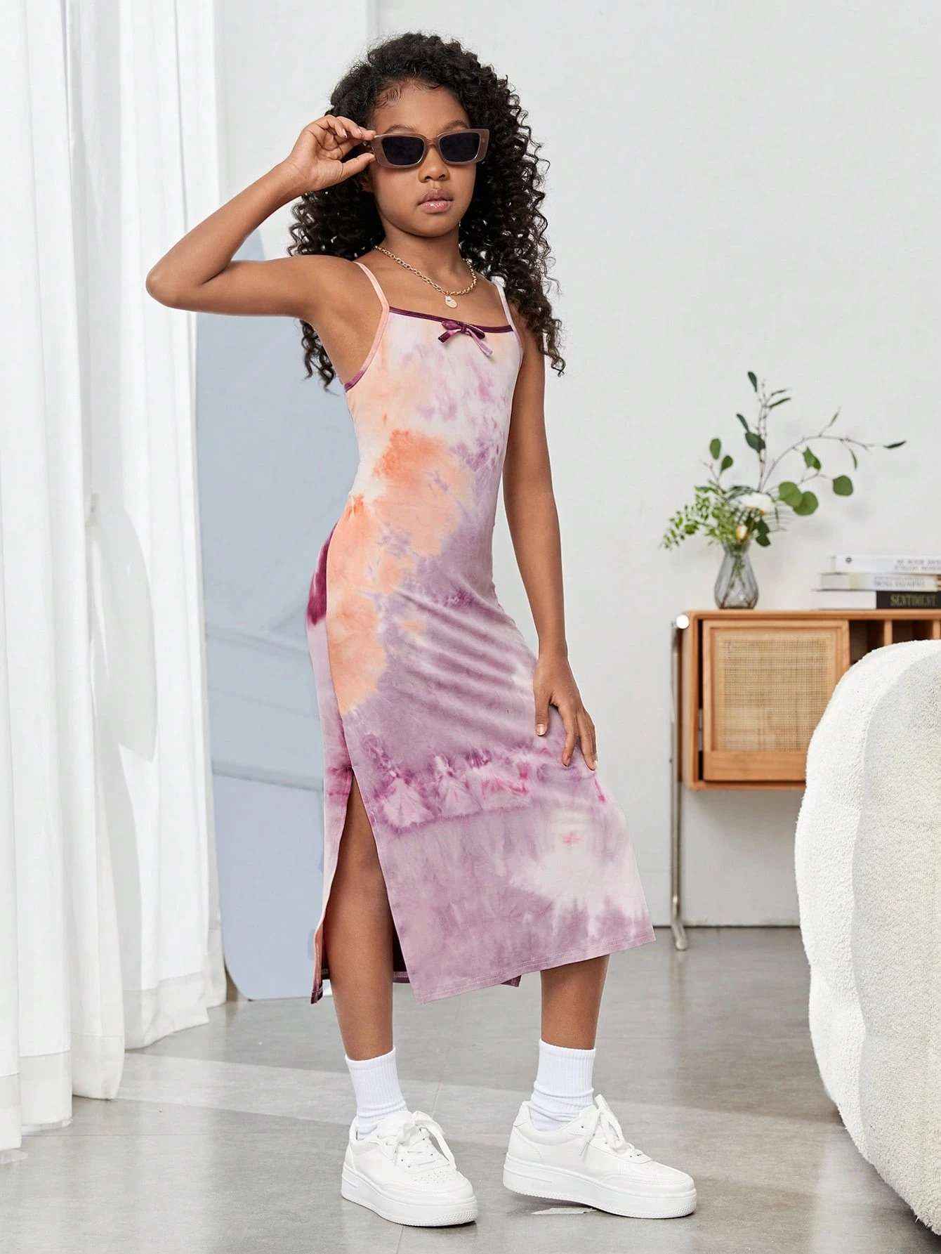 Mauve Mirage Tie - Dye Spaghetti Strap Midi Dress - Yooneck