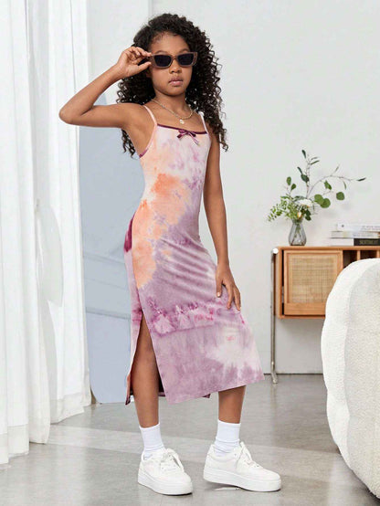 Mauve Mirage Tie - Dye Spaghetti Strap Midi Dress - Yooneck