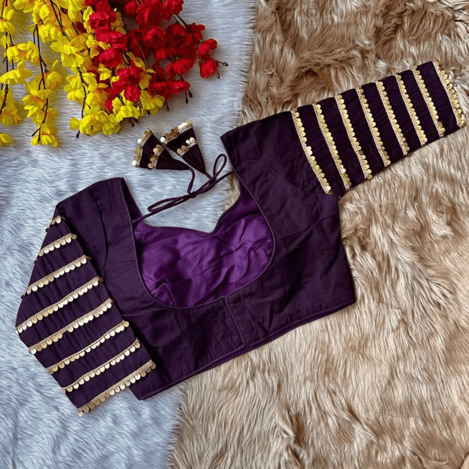 Meera Plum Sequins Cotton Silk Blouse - Yooneck