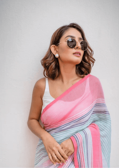 Meharika Pastel Stripe Linen Saree - Yooneck