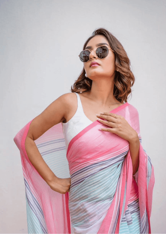 Meharika Pastel Stripe Linen Saree - Yooneck