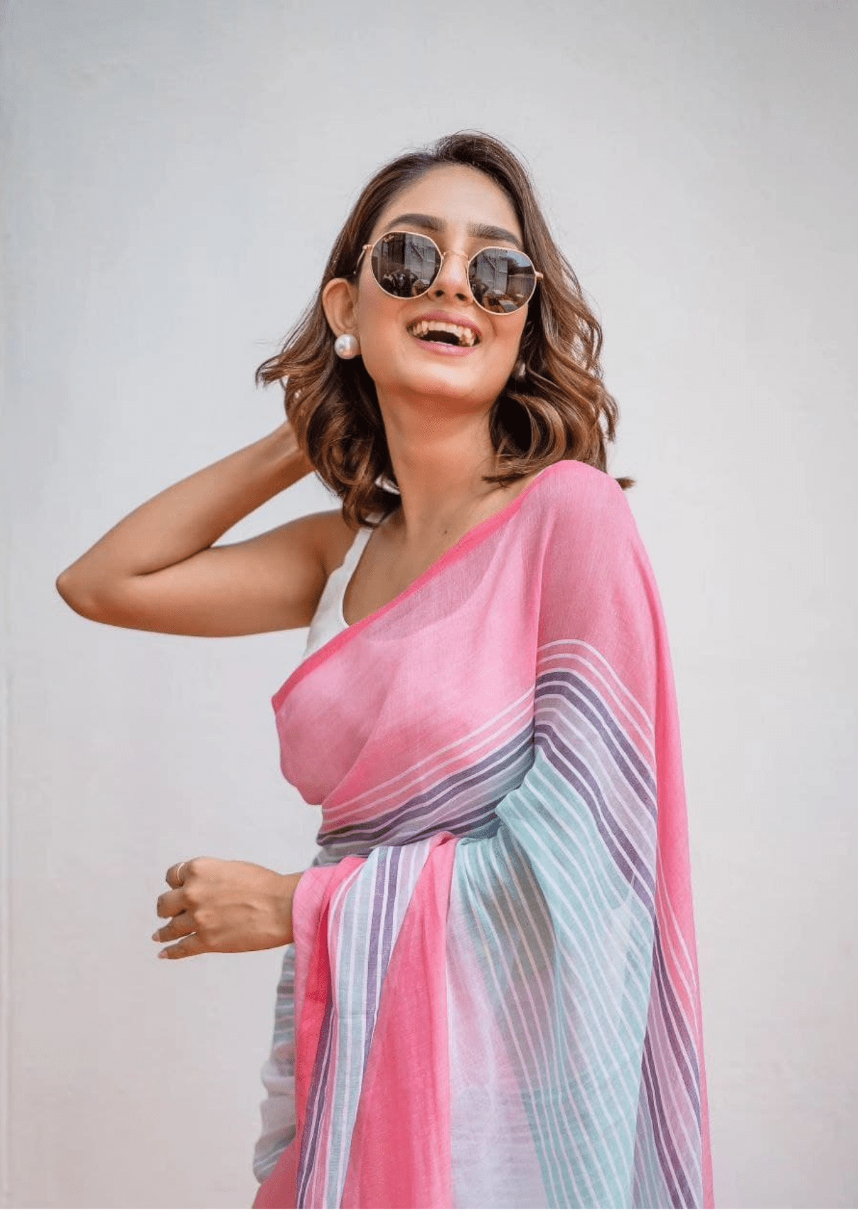 meharika pastel stripe linen saree - yooneck