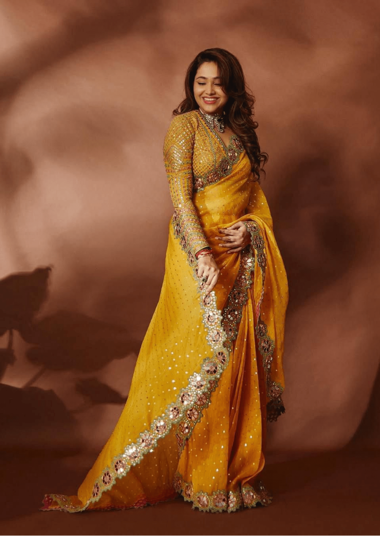 meher floral border mirror work saree - yooneck