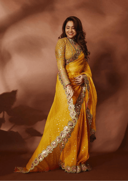 Meher Floral Border Mirror Work Saree - Yooneck