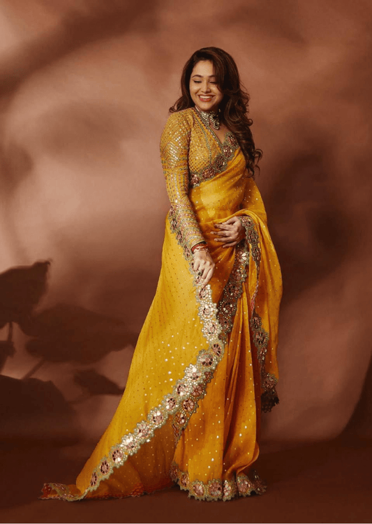 Meher Floral Border Mirror Work Saree - Yooneck