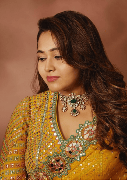 Meher Floral Border Mirror Work Saree - Yooneck