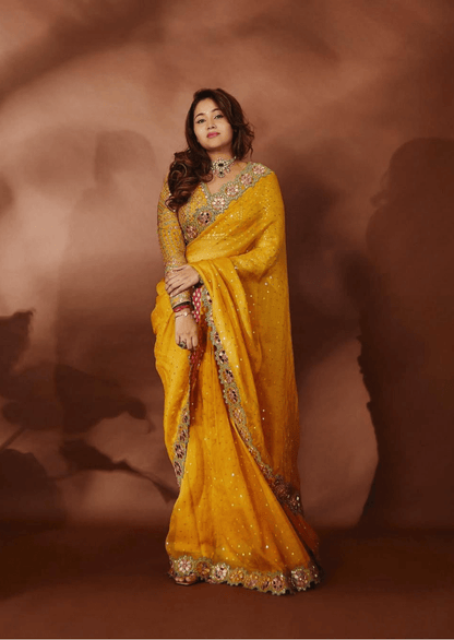 Meher Floral Border Mirror Work Saree - Yooneck