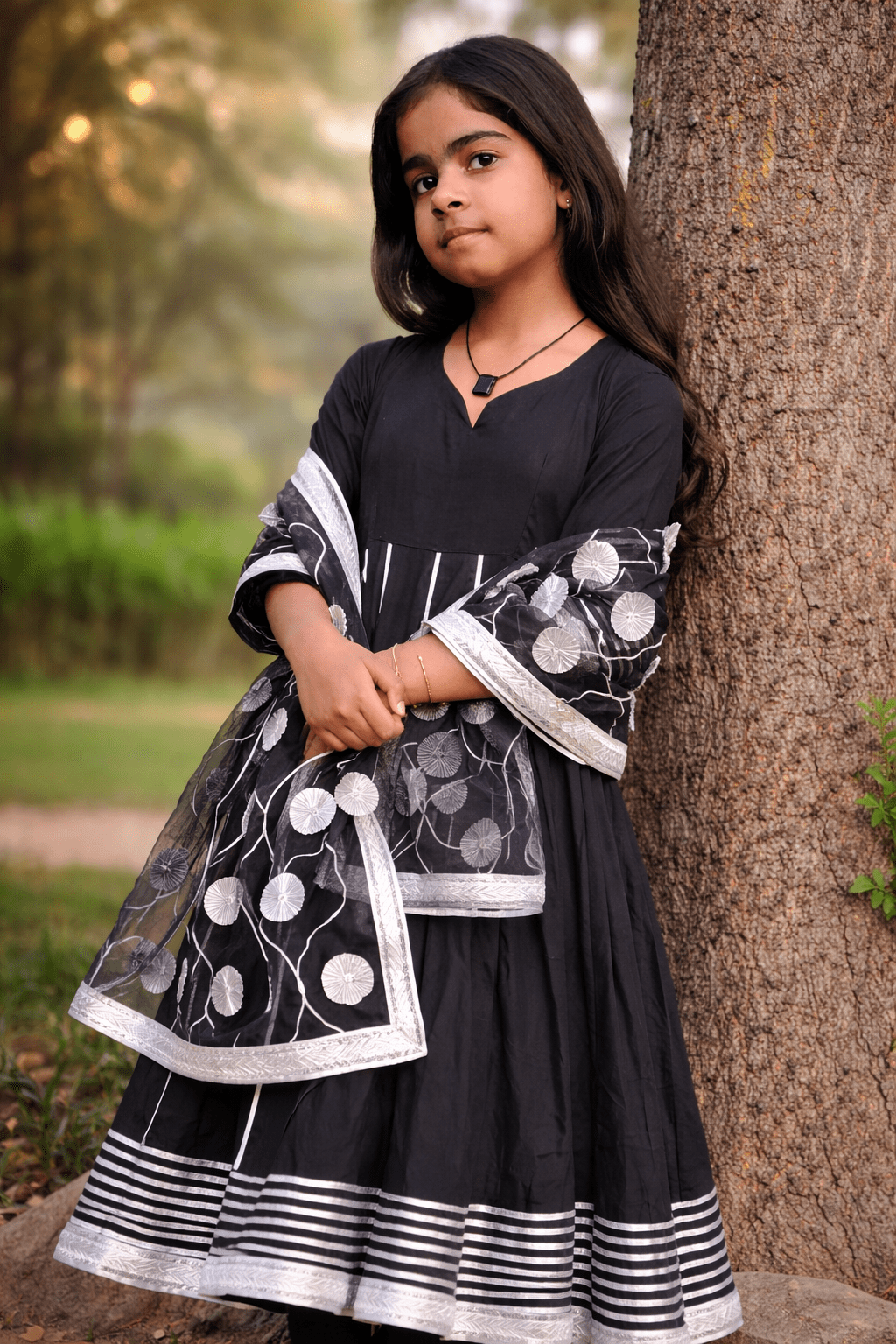 Midnight Bloom Cotton Anarkali Set with Organza Dupatta - Yooneck