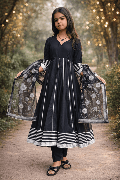 Midnight Bloom Cotton Anarkali Set with Organza Dupatta - Yooneck