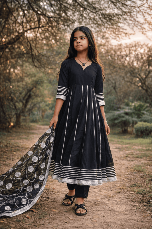 Midnight Bloom Cotton Anarkali Set with Organza Dupatta - Yooneck