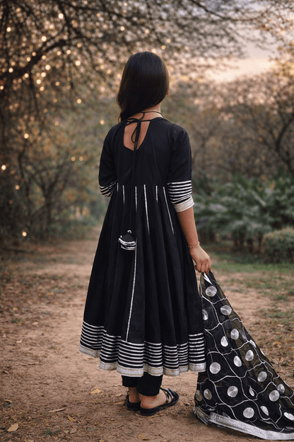Midnight Bloom Cotton Anarkali Set with Organza Dupatta - Yooneck