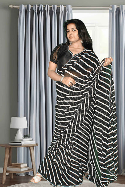 Midnight Elegance Black & White Lahariya saree with Blouse - Yooneck