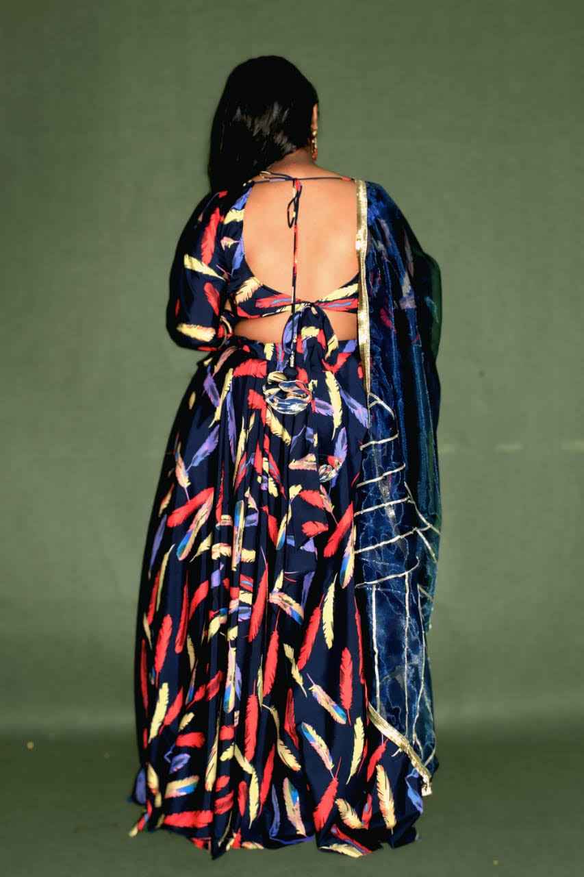 Midnight Feather Cape Lehenga Set - Yooneck