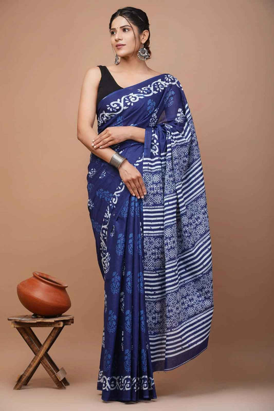 Midnight Muse Indigo Whisper Mulmul Cotton Saree - Yooneck