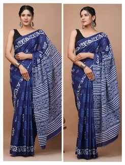 midnight muse indigo whisper mulmul cotton saree - yooneck