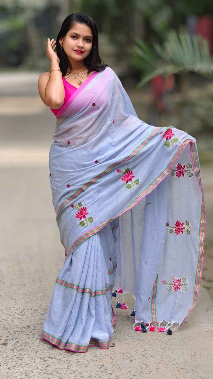 misty mul cotton embroidered saree - yooneck