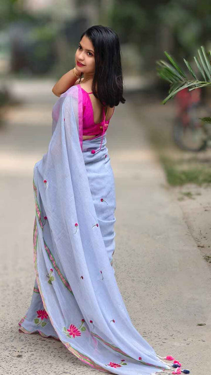 Misty Mul Cotton Embroidered Saree - Yooneck