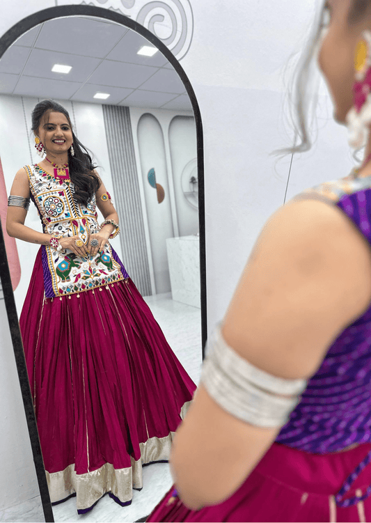 Moti Gamathi Mirror Work Choli & Cotton Lumpi Border Lehenga Set - Yooneck