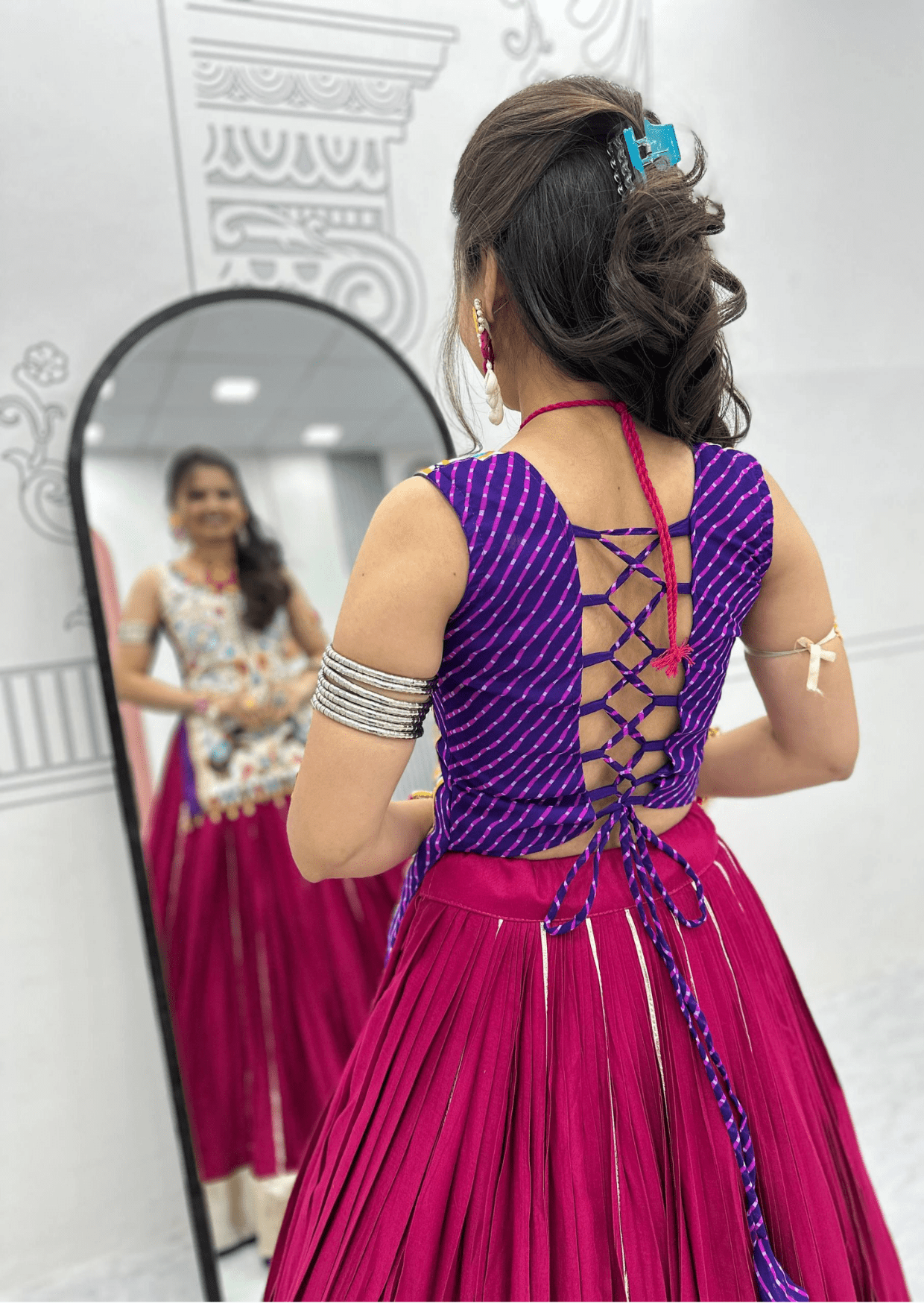 Moti Gamathi Mirror Work Choli & Cotton Lumpi Border Lehenga Set - Yooneck