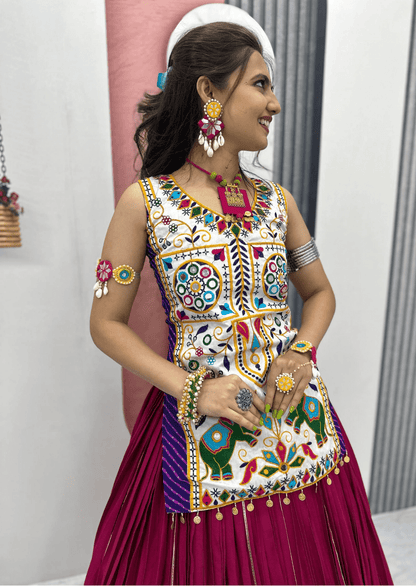 Moti Gamathi Mirror Work Choli & Cotton Lumpi Border Lehenga Set - Yooneck