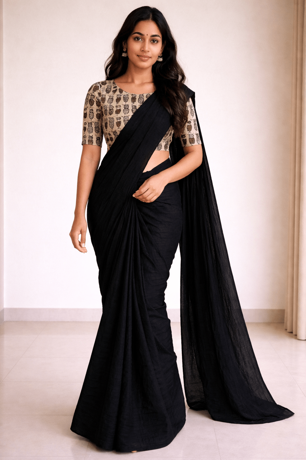 mrinalika noir soft crush chiffon saree with designer blouse - yooneck