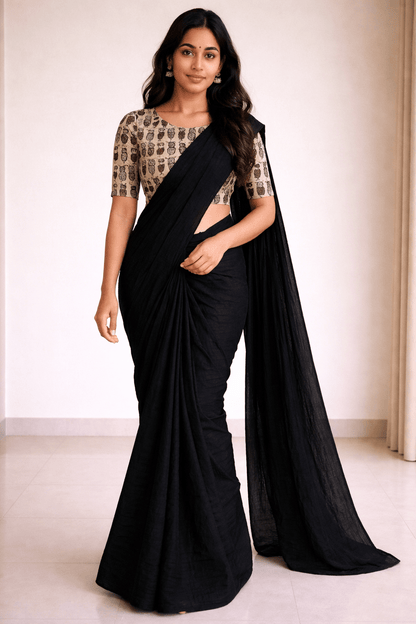 Mrinalika Noir Soft Crush Chiffon Saree with Designer Blouse - Yooneck