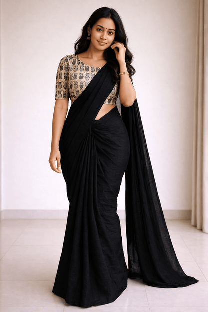 Mrinalika Noir Soft Crush Chiffon Saree with Designer Blouse - Yooneck
