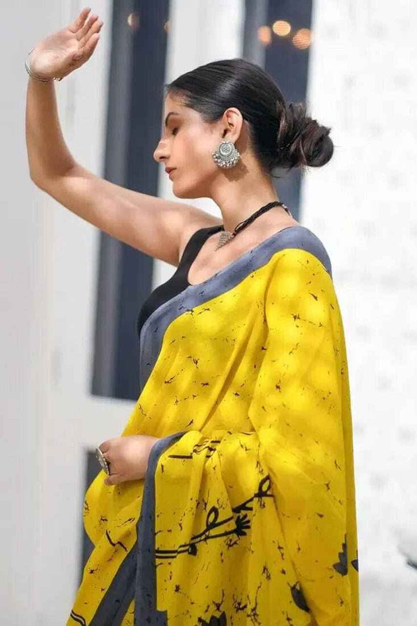 Mustard Bloom Mulmul Cotton Saree - Yooneck