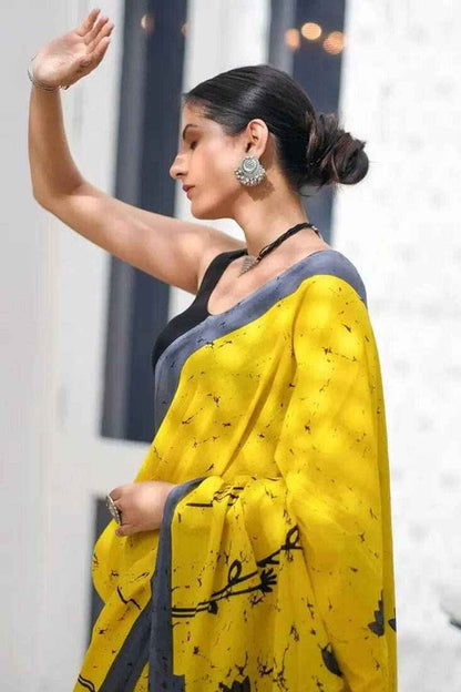 Mustard Bloom Mulmul Cotton Saree - Yooneck