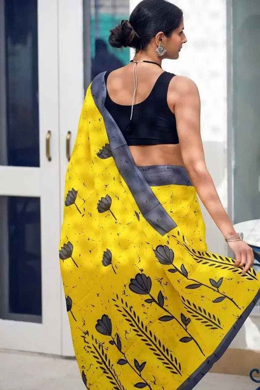 Mustard Bloom Mulmul Cotton Saree - Yooneck