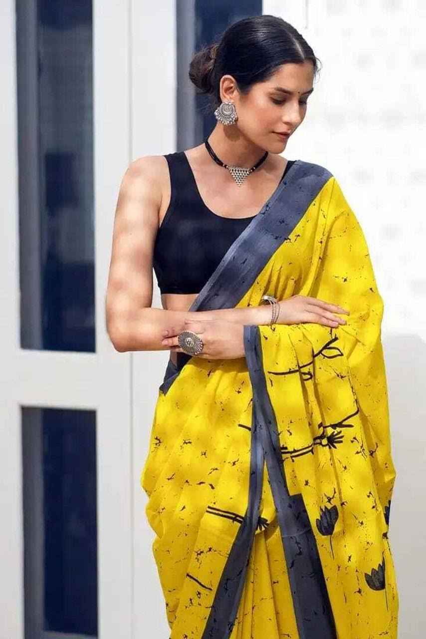 Mustard Bloom Mulmul Cotton Saree - Yooneck