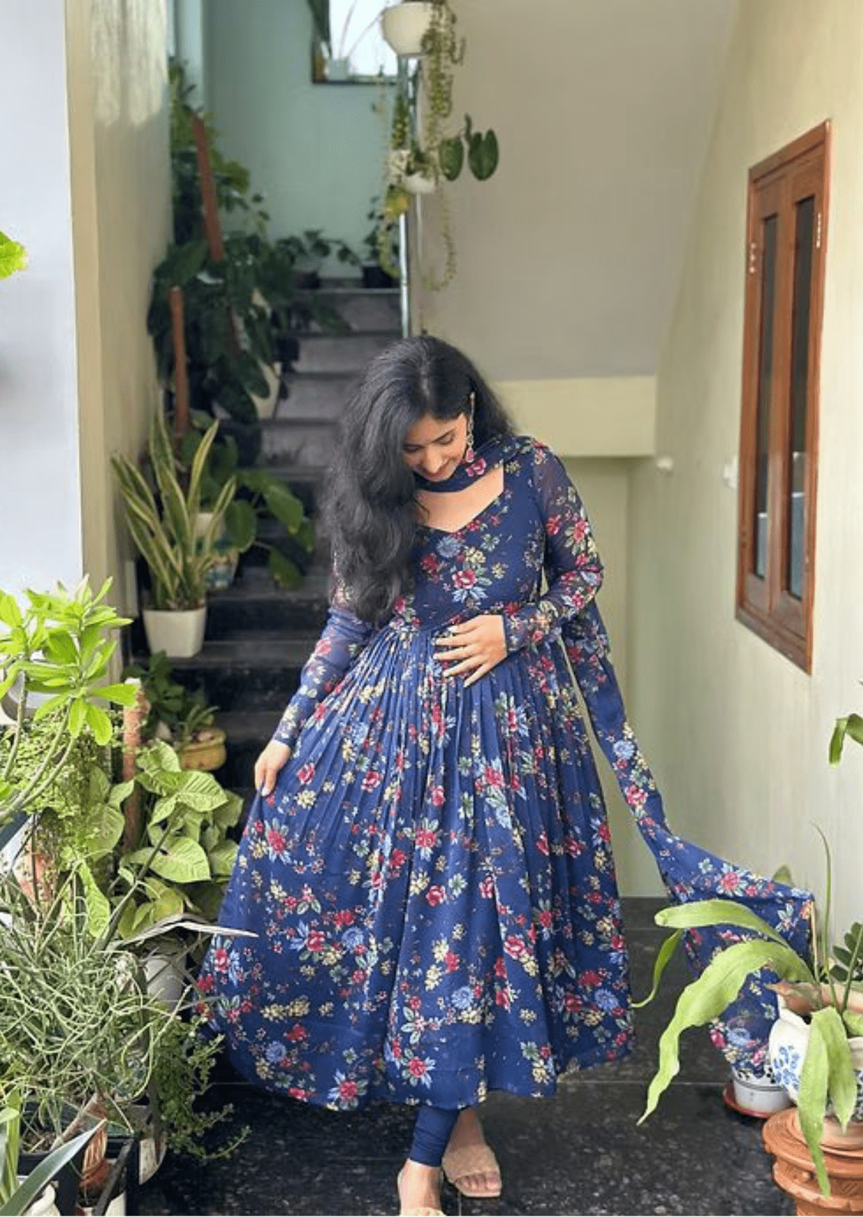 Navy Blue Floral Anarkali Kurti with Dupatta - Yooneck