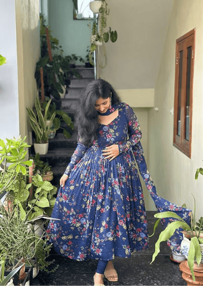 Navy Blue Floral Anarkali Kurti with Dupatta - Yooneck