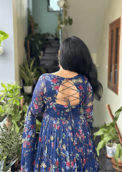 Navy Blue Floral Anarkali Kurti with Dupatta - Yooneck