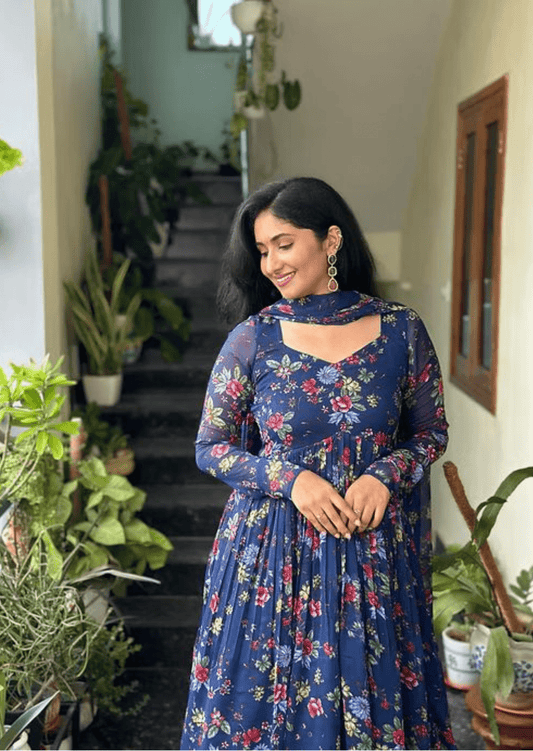 Navy Blue Floral Anarkali Kurti with Dupatta - Yooneck