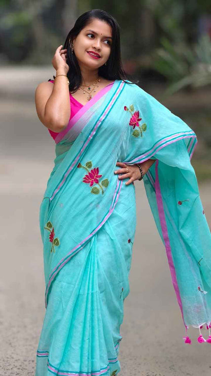 Neel-Kamal Embroidery Mul Cotton Saree - Yooneck
