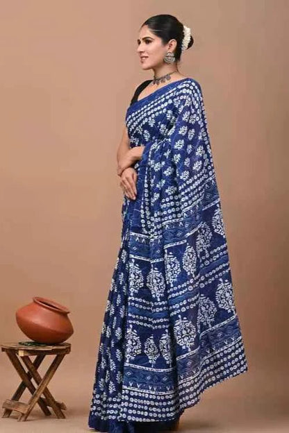 Neel Tarang Indigo Flow Mulmul Cotton Saree - Yooneck