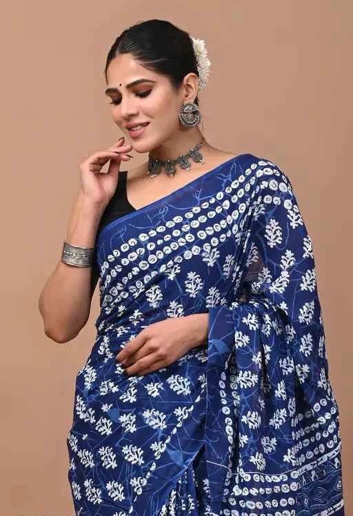neel tarang indigo flow mulmul cotton saree - yooneck
