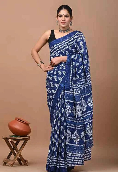 Neel Tarang Indigo Flow Mulmul Cotton Saree - Yooneck