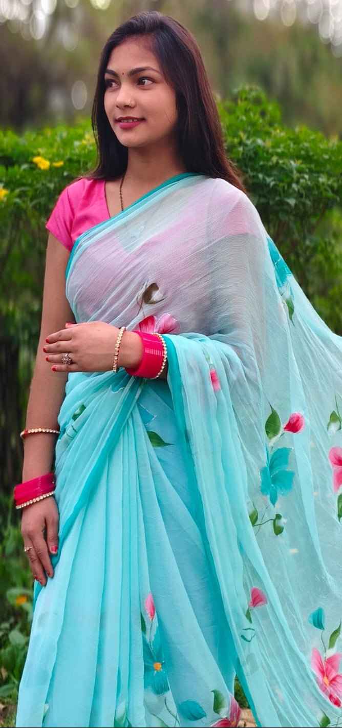 NeelPushpa Handpainted Chiffon Saree - Yooneck