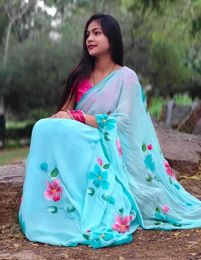 NeelPushpa Handpainted Chiffon Saree - Yooneck