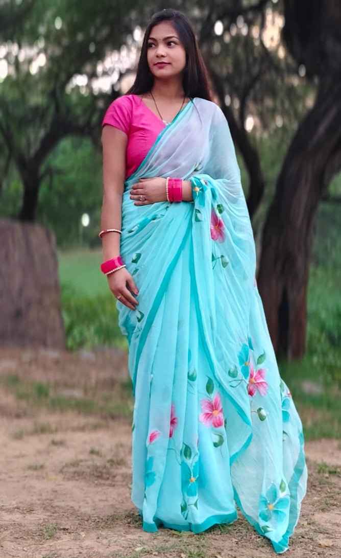 neelpushpa handpainted chiffon saree - yooneck