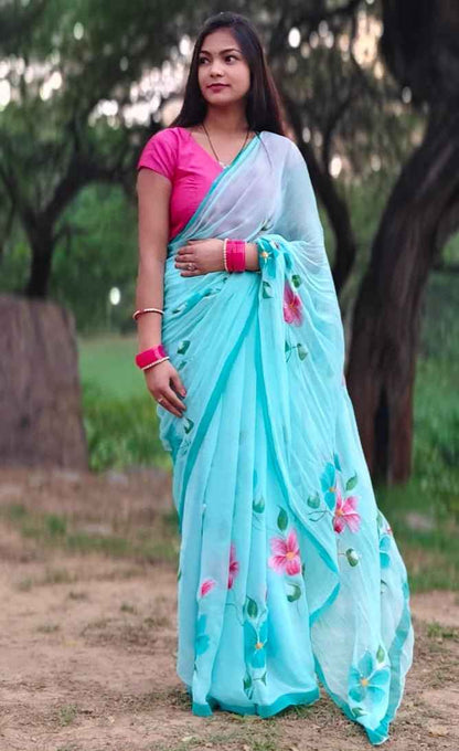 NeelPushpa Handpainted Chiffon Saree - Yooneck