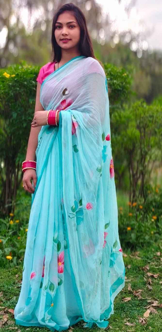 NeelPushpa Handpainted Chiffon Saree - Yooneck