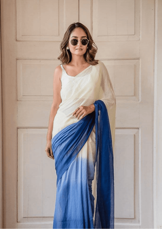 Neerja Azure Linen Ombre Saree - Yooneck